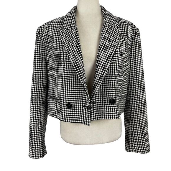 Zara Cropped Houndstooth Boxy Fit Blazer Double Breasted Size Large Blogger Fave - Picture 6 of 15